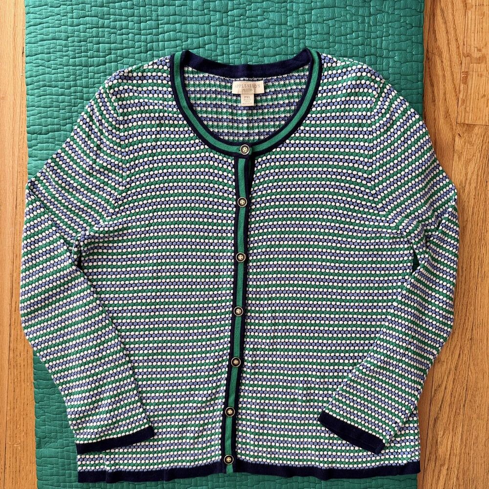 NEW Appleseeds Petite XL Knit Cardigan Full Zip Blue Green White Polka Dots Knit